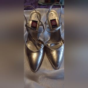 Vtg ANNE KLEIN Y2K GOLD LEATHER STRAPPY SLINGBACK HEELS/SHOES, 6M